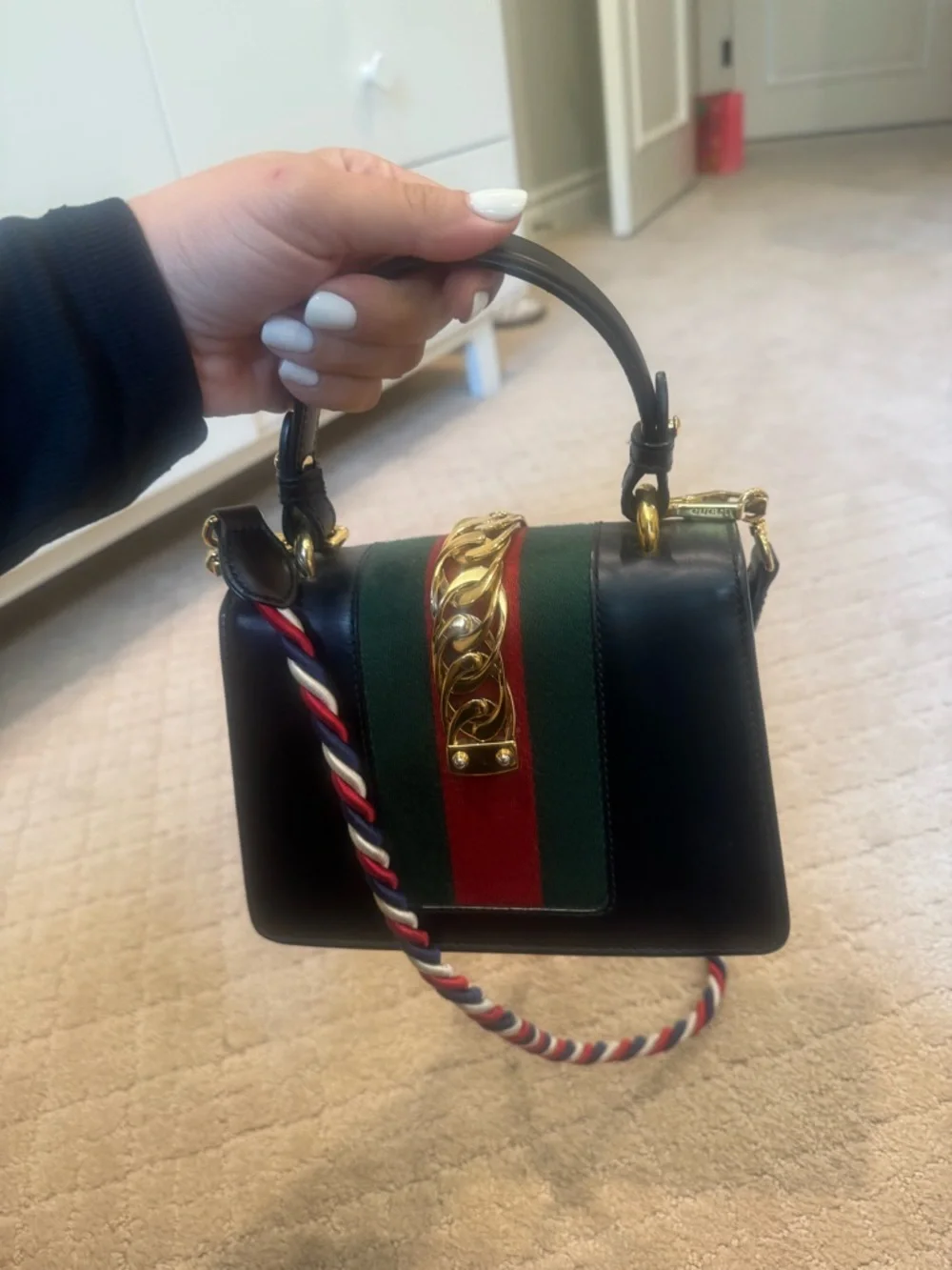 Gucci Black Leather Mini Top-Handle Bag with Green & Red Stripe - Picture 5 of 13